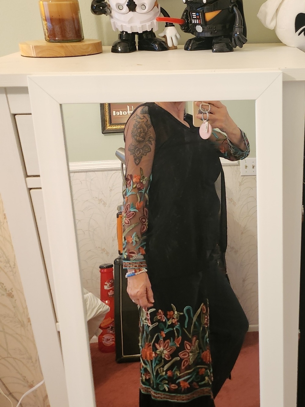 Black Sheer Floral Embroidered Kimono